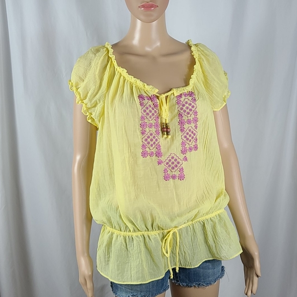 Sheer Yellow Embroidered Flowy Ruffle Blouse - Picture 2 of 10